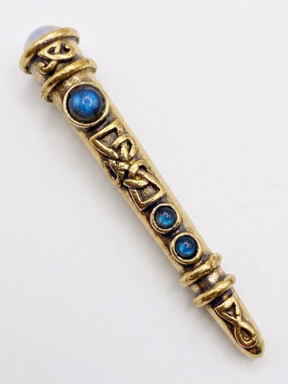 Miracle Celtic Scepter Kilt Pin Brooch Faux Opal Blue Glass Vintage Signed